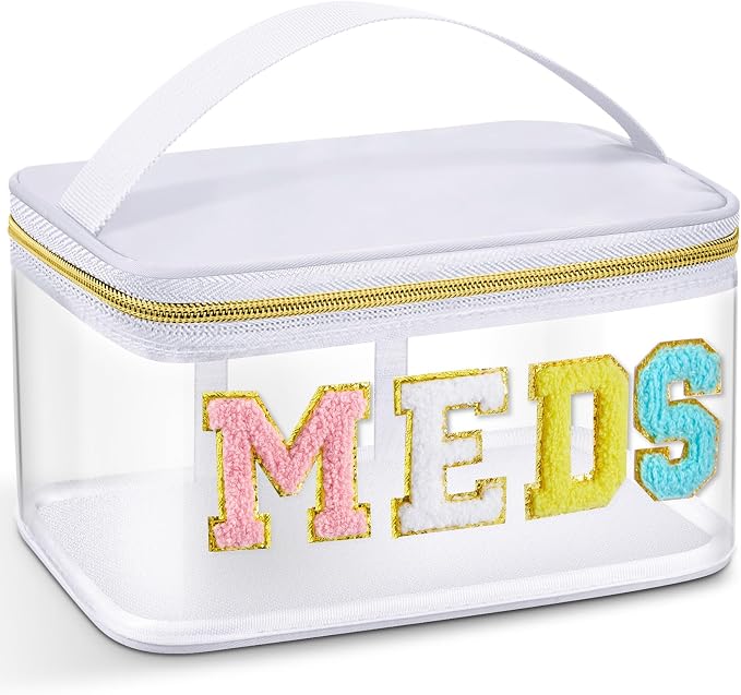 Geetery Chenille Letter Bag, Meds Bag, Travel Medicine Cases, Nylon White Makeup Portable Pouch, Cheerleader Gifts for Women(White, Meds)