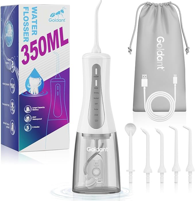 350ML Water Dental Flosser Teeth Pick with Travel Bag, 5 Modes Portable Cordless Oral Irrigator Cleaner, Electric Rechargeable IPX7 Waterproof for Home Travel Teeth Cleaning flossing (White)