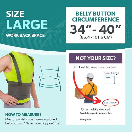 BraceAbility Work Back Brace - Industrial Lower Back Pain Protection Belt for Men and Women, Construction, Moving, Warehouse Jobs - Removable Suspender Shoulder Straps for Heavy Lifting Safety (L)