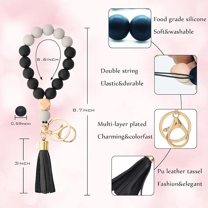 BAOSIWA Silicone Key Ring Bracelet Wristlet Keychain Unique Beaded Bangle Key Chains for Women with Leather Tassel