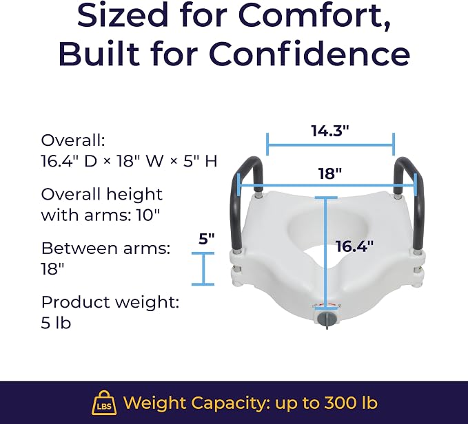 Drive Medical 2-in-1 Raised Toilet Seat with Removable Padded Arms | Raised Toilet Seat Offers Removable Padded Arms and Secure Locking Attachment for Standard Toilets and Safety