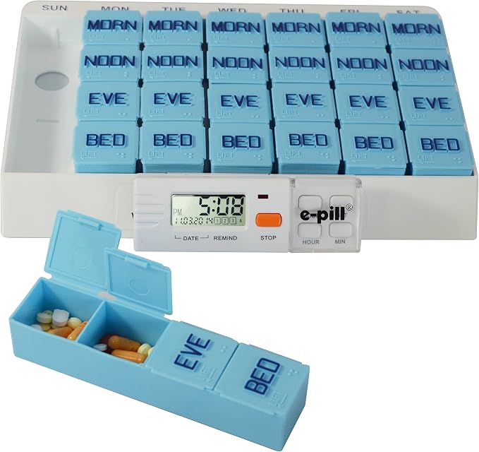 e-Pill 4 Times a Day x 7 Day Large Weekly Pill Organizer, Vitamin and Medicine Pillbox - with Reminder