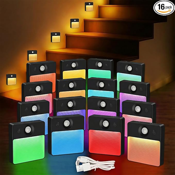 16 Pack Motion Sensor Stair Light for Indoor, Rechargeable Battery Operated Night Lights, RGBW Stick On Closet Lamp, Motion Activated Magnetic Lighting Lamps for Step, Cabinet,Hallway,Bathroom