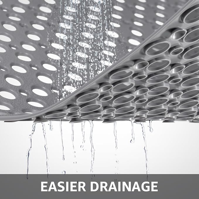 Yolife Large Shower Mat, 47 x 32 inch Non Slip Shower Mats for Inside Shower with Drain Hole, No Odor Soft TPE Shower Floor Mat, Extra Large Non Slip Shower Mat with Suction Cups, Grey