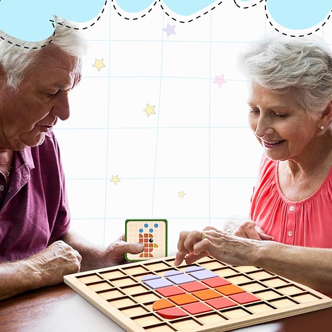 Soulchen 130 Pcs Dementia Activities for Seniors, Wooden Matching Puzzle for Elderly Dementia, Colorful Shape Pattern Alzheimers Products, Tile Matching Memory Cognitive Busy Board Gadgets Christmas
