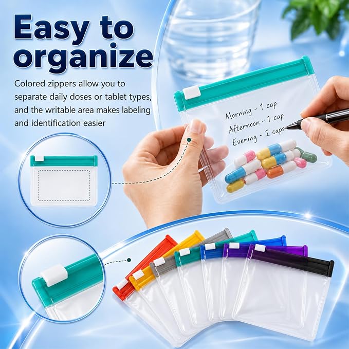 14 Packs Self Sealing Medicine Bags, Waterproof Travel Medicine Bag Set for Suitable for Repackaging and Storing Medicines, Vitamins and Supplements, Reusable Zipper Storage Bags for Daily Use