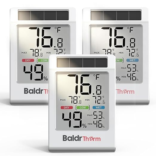 BALDR Indoor Thermometer Hygrometer, Solar Power with Battery Backup, Large Display, Daily Max/Min & Comfort Indicator Humidity Meter | Solar & Battery Dual Power |No Setup or App Required |Clear Comfort Level Indicator |Flexible Desk or Wall Placement
