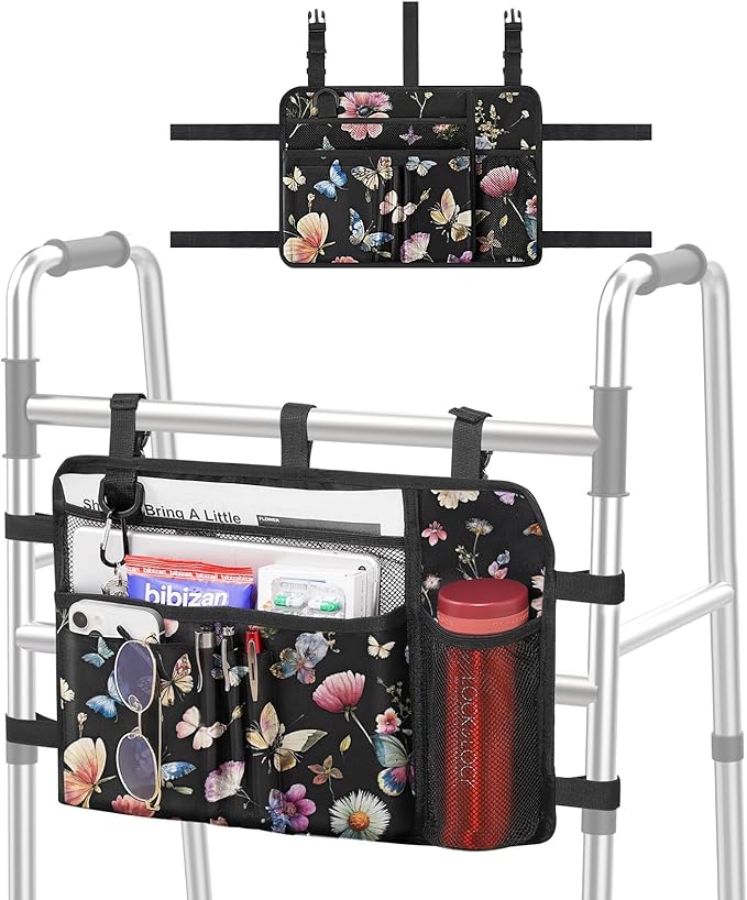 MoKo Walker Bag, Walker Basket with Water Cup Holder, Accessories for Seniors with Multiple Pockets and Zippered Compartment, Storage Pouch for Rolling Folding Walkerm, Black & Butterfly
