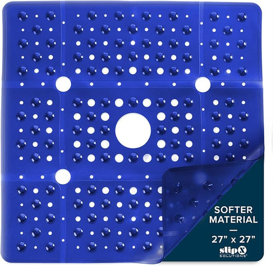 SlipX Solutions 27" Oversize Square Shower Mat, Non-Slip Mat for Elderly & Kids, 100+ Power Grip Suction Cups for Smooth Surfaces, Machine Washable, Solid Navy Blue
