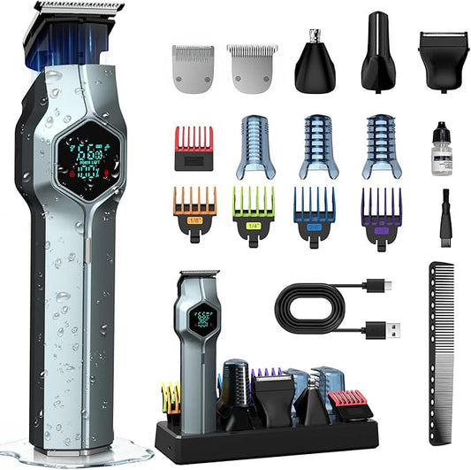 Beard Trimmer for Men, Magnetic Snap-on Replacement Heads & Charging Dock, IPX7 Waterproof Cordless Hair Clippers, Mens Grooming Kits for Mustache/Body/Face/Ear/Nose, Blue