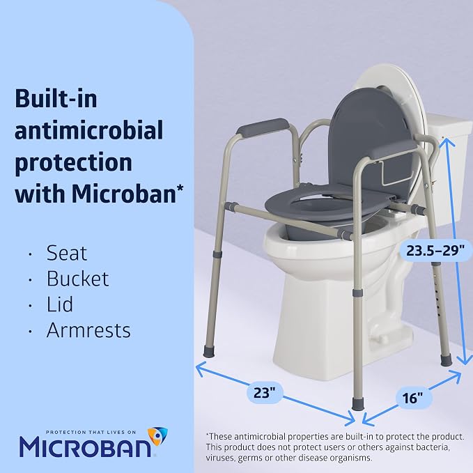 Medline 3-in-1 Steel Adjustable Bedside Commode w/ Microban Protection, Portable Bedside Toilet, 350 lb. Weight Capacity, Removable 7.5 QT. Bucket, Toilet Chair For Elderly, Tool-Free Assembly, Gray