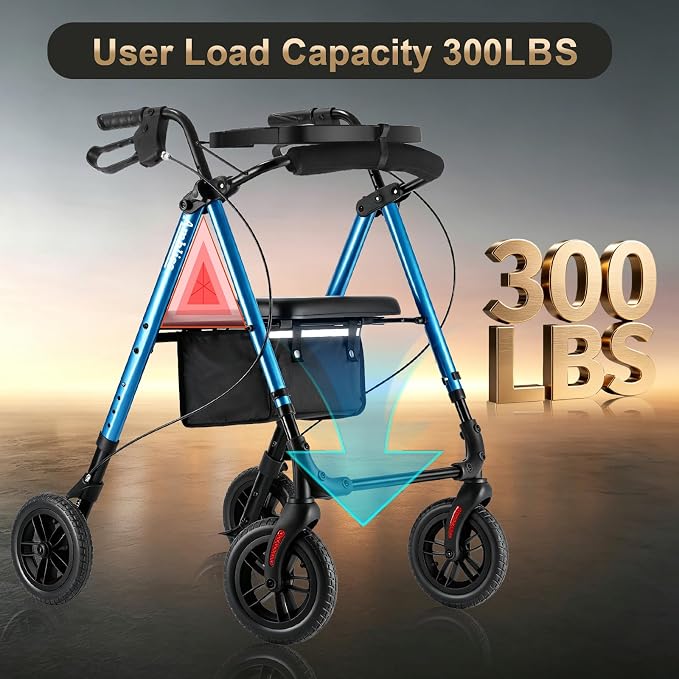 Foldable Rollator Walker for Seniors with Seat,4 Wheel Rolling Walkers | 300lbs walker with tray for Adults & Mobility Impaired|8" Airless Tires|Anti-tip brakes|Adjustable height|Tool-Free Assembly