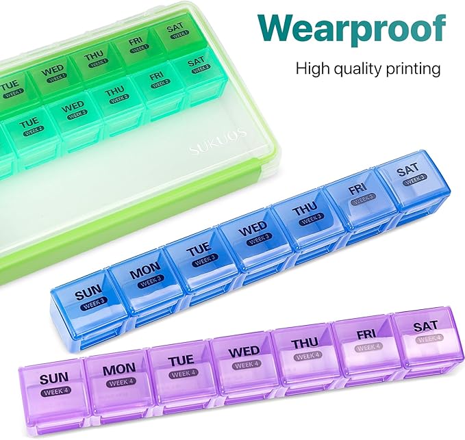 Sukuos Monthly Pill Organizer 4 Week, Large Pill Box Moisture/Dust-Proof Cases for Month Vitamin/Fish Oil/Supplements with Clear Lid, Easy to Open & Clean