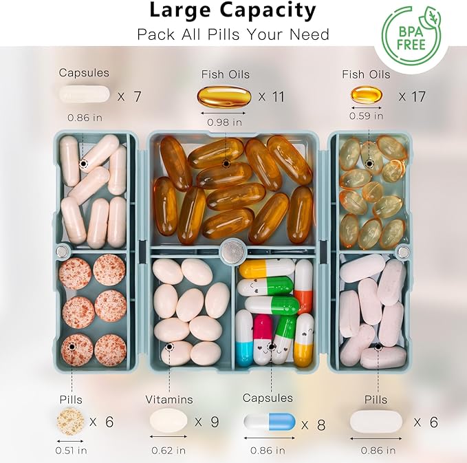 FYY Daily Pill Organizer, 7 Compartments Portable Travel Pill Case, [Folding Design] for Purse Pocket to Hold Vitamins,Cod Liver Oil,Supplements and Medication-Blue