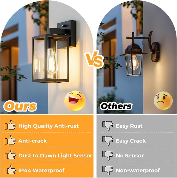 2 Pack Dusk to Dawn Outdoor Wall Light Fixtures, Exterior Porch Light, Waterproof Wall Sconces Lanterns, Sensor Lighting Wall Mount for House Doorway Garage, Black