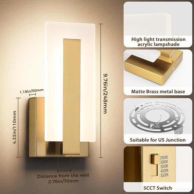 Joosenhouse LED Wall Sconce Set of 2, 5CCT Dimmable Brass Hardwired Wall Mount Sconce, Up & Down Mountable Indoor Light for Hallway, Bedroom, Study, Living Room, ETL Certified