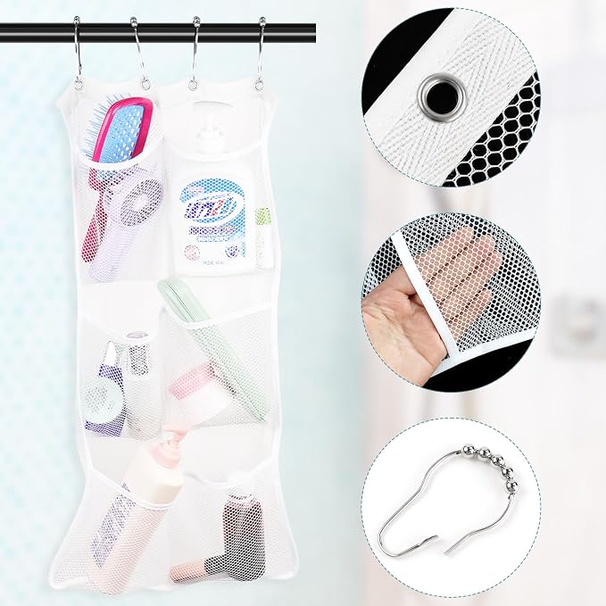 yuntop Shower Organizer, 23.6x13 inch Mesh Shower Caddy with 4 Metal Loop Hook, 6 Pockets Hanging Organizer to Hold Shampoo, Soap, Loofah (2 Pack)