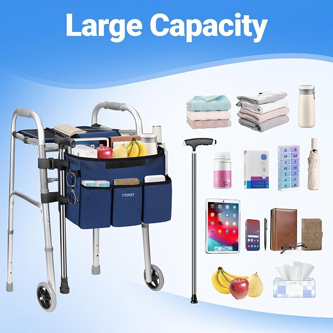 Ytonet Walker Basket with Tray, Removable Walker Tray for Folding Walker | Water Resistant Walkers Bag with Phone and Crutch Holder Large Capacity Anti-Tip Design Accessories for Seniors