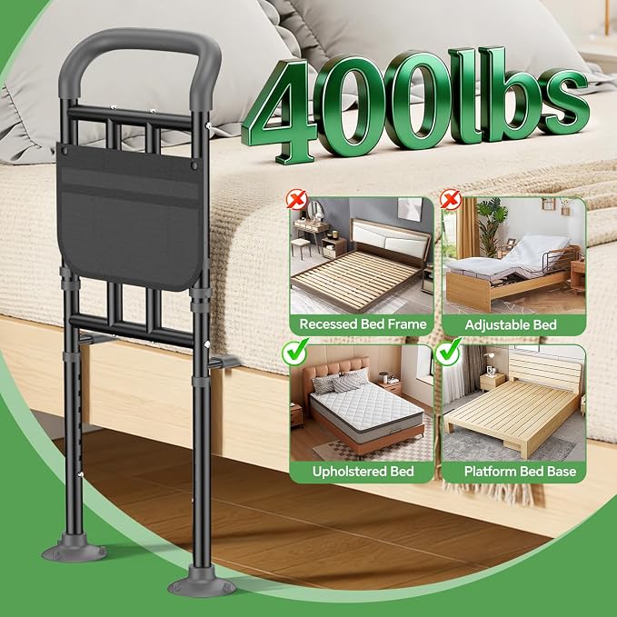 Bed Rails for Elderly Adults Safety with Ergonomic Padded Handle, ASTM Approved Adjustable Bed Assist Rail for Seniors, 400lb Weight Capacity, Fixing Strap&Storage Pocket, Fits Twin/Full/Queen/King