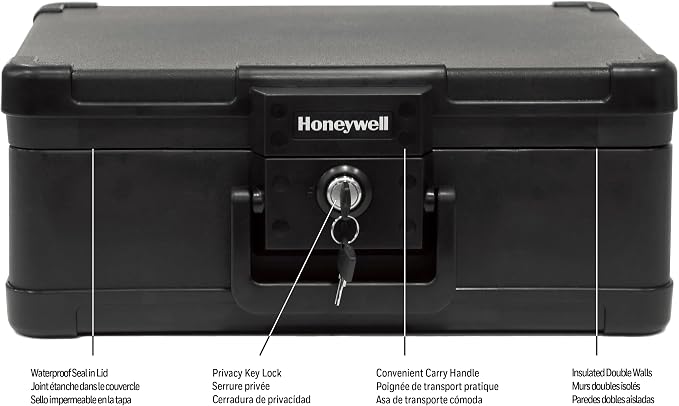 Honeywell Safes & Door Locks 30 Minute Fire Resistant & Waterproof Safe Box With Carry Handle - 1503 (.24 Cu Ft.), Black