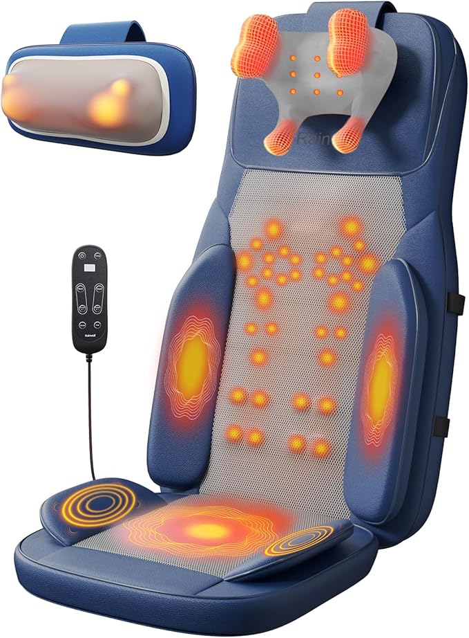 Rainwolf Shiatsu Neck and Back Massage Cushion with Heat - 4D Deep Tissue Kneading Full-Back Massager for Relief Fatigue, Adjustable Intensity & Height, for Office Chair & Home