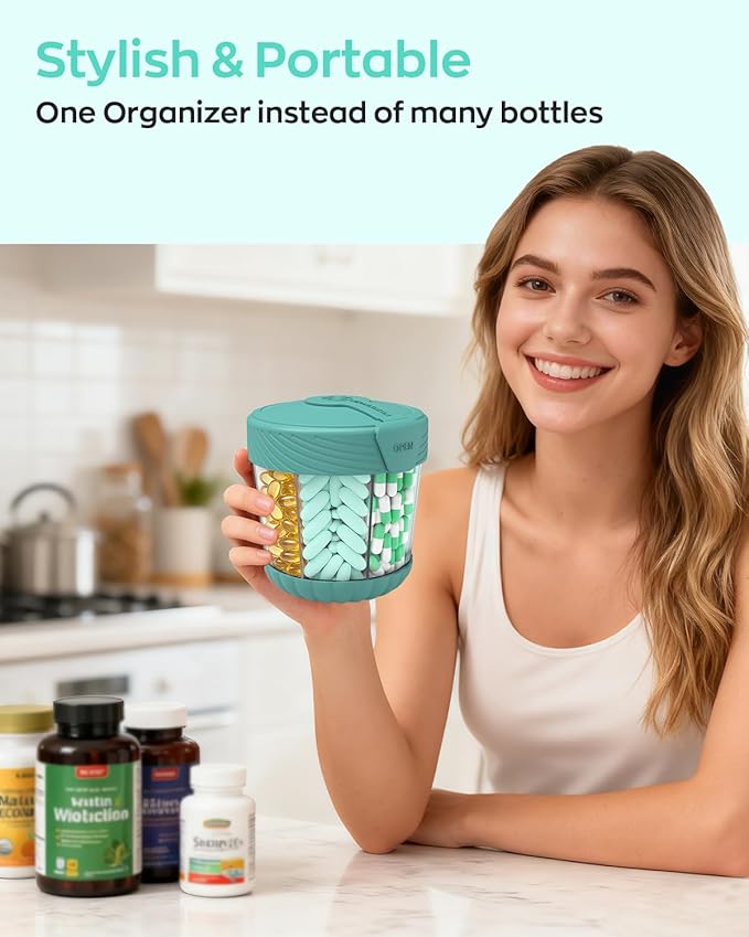 Cute Pill Dispenser with 7 Large Compartments, Portable Pill Bottle Organizer with Wide Opening for Travel, Anti-Mixing Pill Container, Shatterproof BPA-Free, Includes 20 Pcs Labels, Cyan