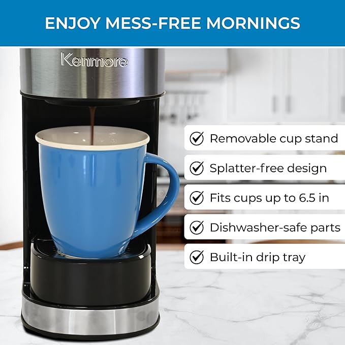 Kenmore Single Serve Coffee Maker With Stainless Steel Travel Mug, Capsule/Pod & Ground Coffee Brewing, K Cup Compatible, Hot & Iced Coffee Machine, 6 to 14 Oz Brew Sizes, Auto Shut-Off, Black