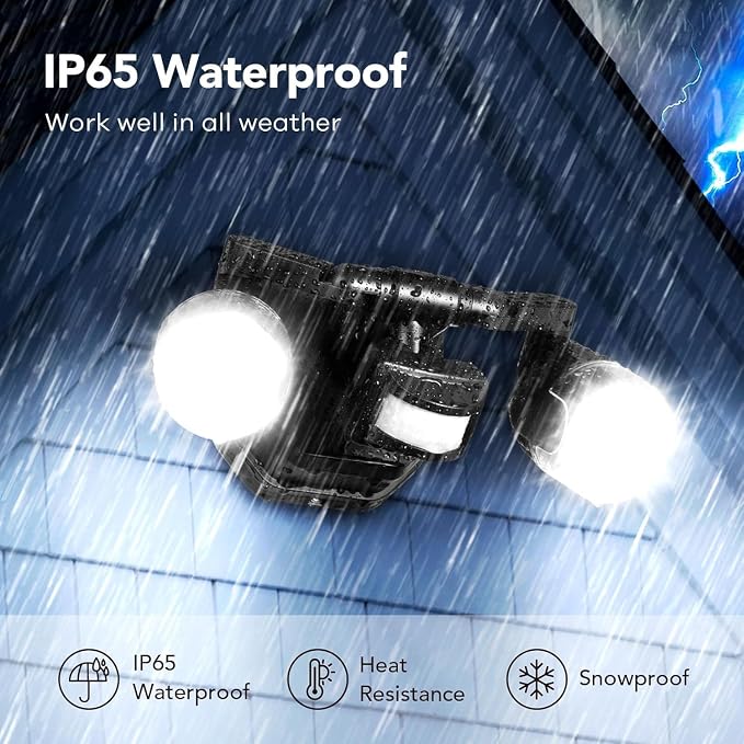 OREiN Motion Sensor Outdoor Security Lights, Dual-Head Adjustable LED Flood Lights, 3 Modes (Motion/Manual/Dusk to Dawn), 150W Equivalent, 5000K, IP65 Waterproof, Hardwired, Black (2 Pack)