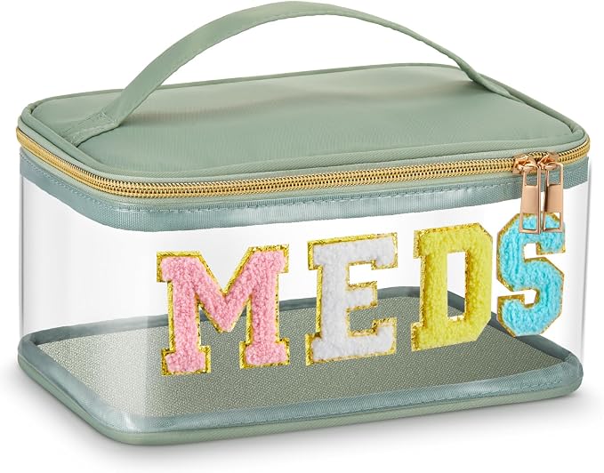 Geetery Chenille Letter Bag, Meds Cheer Travel Cases Cheerleader Gifts Cosmetic Bag Nylon Makeup Portable Preppy Patch with Zipper Toiletry Storage Case for Women(Sage Green,Meds)