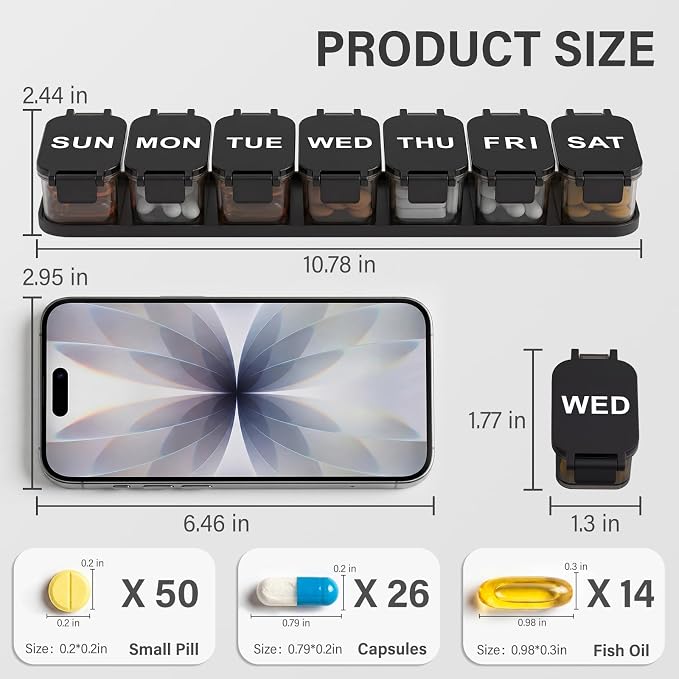 Yaklim Extra Large Weekly Pill Organizer - Waterproof 7-Day Pill Box, Portable Vitamin & Supplement Case, Easy to Open Design, Ideal for Travel and Daily Medication Management (Black)