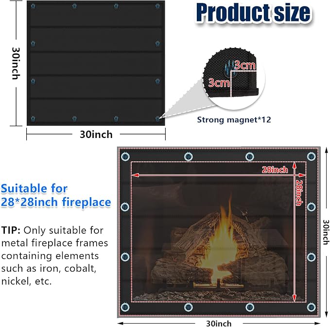 Magnetic Fireplace Blanket for Heat Loss Indoor Fireplace Covers Keep Drafts Out Stops Heat Loss Fireplace Draft Stopper with Built-in 12 Strong Magnet for Iron Fireplace Frame Fireplace Screen 30x30