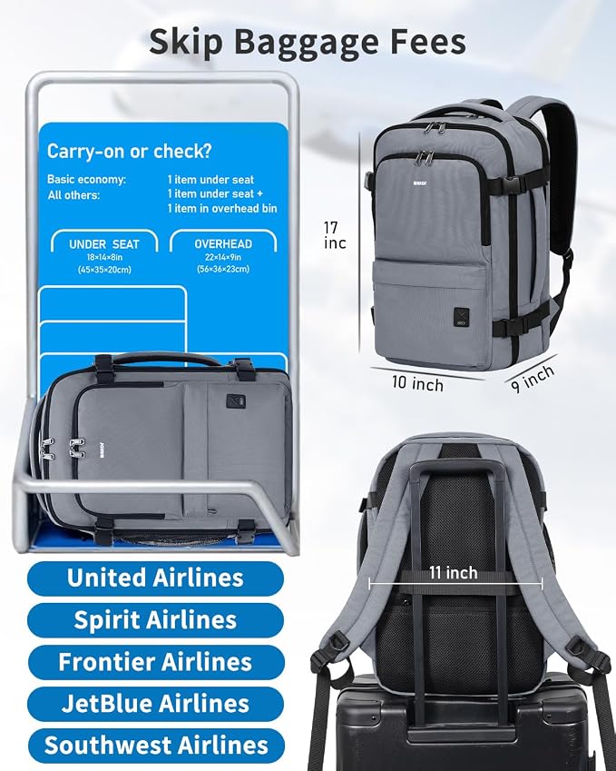 WANDF Personal Item Travel Bag, Small Travel Backpack 17x10x9 for United Airlines, 15.6" Laptop Backpack for Men Women (Grey)