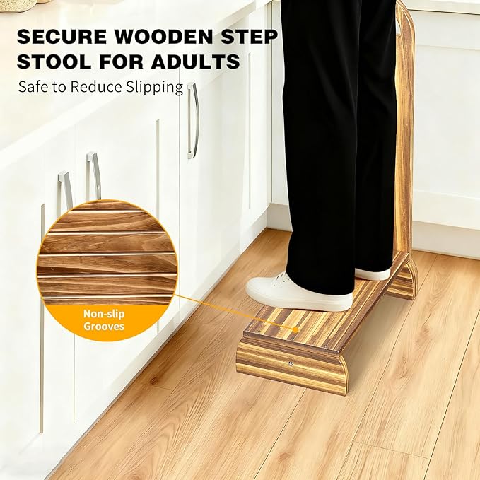 Wooden One Step Stool with Handle, 6" Height Wooden Step for Bathroom/Kitchen, Solid Wooden Step with Semicircle feet for Elderly, Adults, Kids to Get in & Out of Bed Easily(440LBs Capacity)