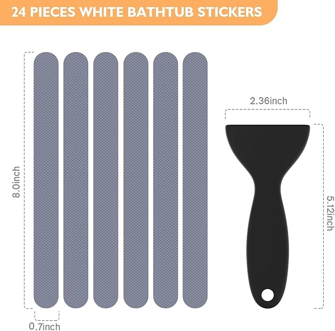Non Slip Bathtub Stickers, 24 PCS Shower Stickers for Safety Bathroom Tubs, Bathtub Non Slip Stickers and Adhesive Decals Scraper for Bath Tub, Shower Floor, Stairs, Ladders(Grey)