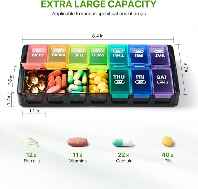 Sukuos Weekly Pill Organizer 7 Day 2 Times a Day, Quick Fill Daily Pill Box (AM PM), Arthritis Friendly Extra Large Pill Cases for Vitamin/Fish Oil/Supplements