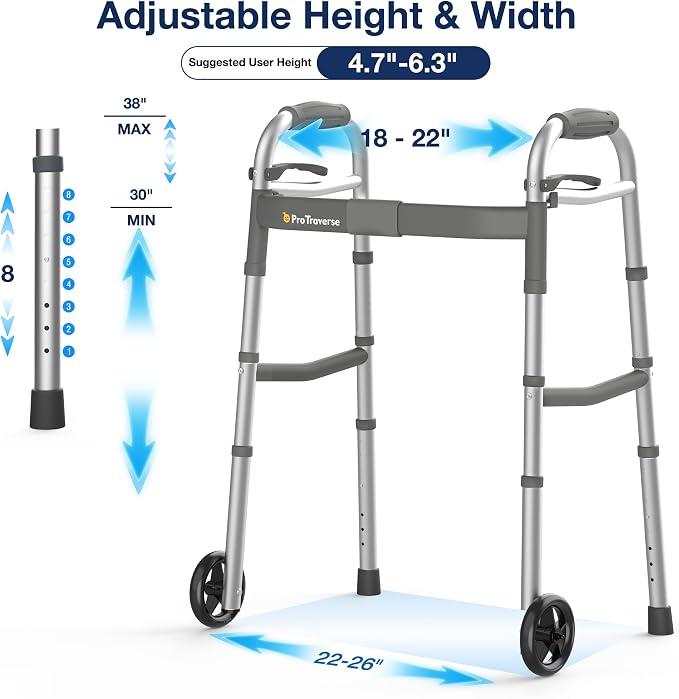 Standard Walkers for Seniors,Folding Walker with Front Wheels, Height and Width Adjustable Standard Walker,350lbs Capacity, Lightweight Aluminum Walker for Elderly Adults and Handicap