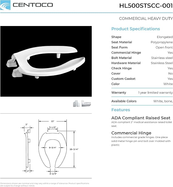 Centoco 2 inch Raised Toilet Seat for Seniors, Elongated, Open Front, White | Open Front No Cover, Commercial, Plastic, Made in the USA, HL500STSCC-001