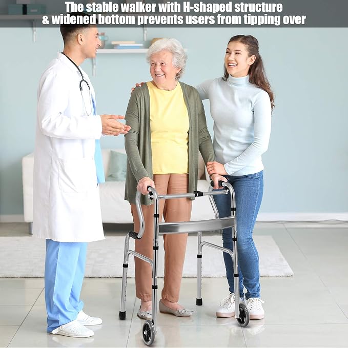Goplus 3-in-1 Stand-Assist Folding Walker with 5" Wheels, Heavy Duty Walking Mobility Aid Supports up to 220lbs, Can be Used as Toilet Safety Rail, Narrow Drive Walkers for Seniors Elderly Adult