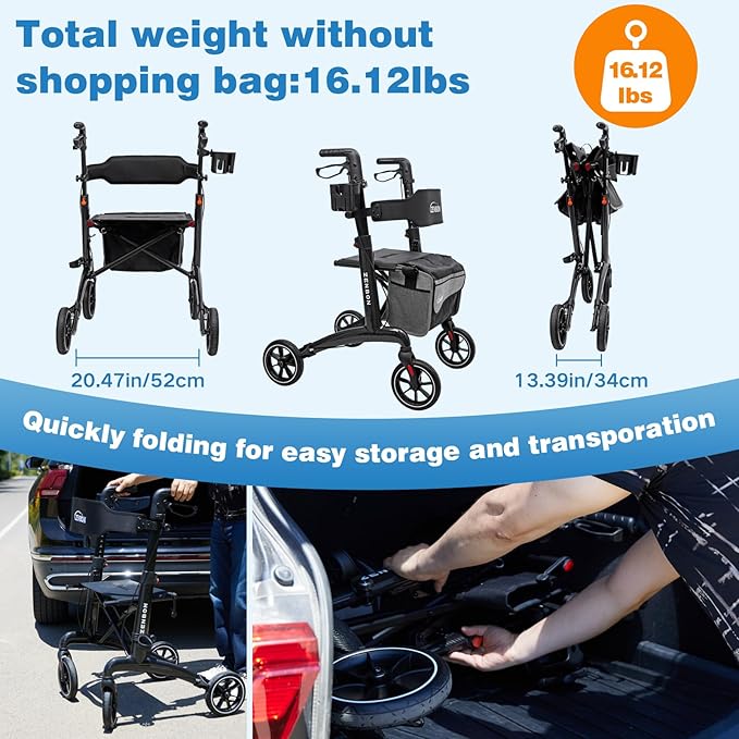 Rollator Walker for Seniors/Adults Foldable Rolling Walker with Seat 330 lbs Capacity 4 Big 8 inch Wheels Hand Grips Adjustable Height Lightweight Carbon Fiber Walker 7206(Black)