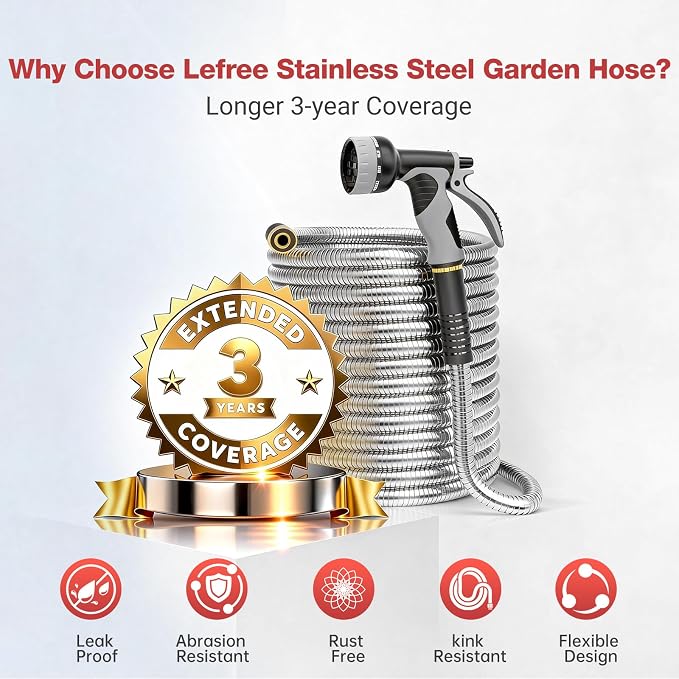 Lefree 125ft Stainless Steel Garden Hose - Metal Water Hose | No Kink Leak Proof Dog Chew Proof with Upgraded Rubber Sleeve & 10 Function Spray Nozzle for Large Yard Gardening RV Pet Bath