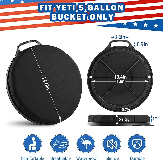 5 Gallon Bucket Seat for Yeti Bucket Only, 360 Degree Swivel Load Out Bucket Seat, 5 Gal Foam Cushion Bucket Lid Seat with Padded Top for Hunting Fishing Camping Outdoor