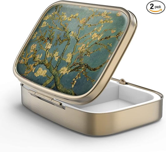 Pill Case Pill Box with Mirror Retro 2 Compartment Small Pill Case for Purse or Pocket Bronze Rectangular Pill Box or Vitamins, Fish Oil, Supplements, Pill Containe Travel Gifts（Vangogh Art）