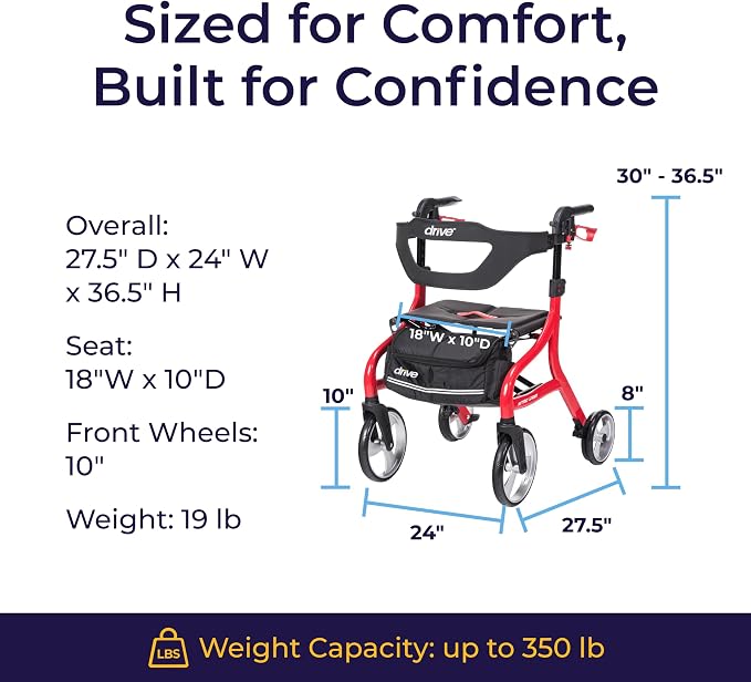 Drive Medical Nitro Sprint Rollator Walker with Seat, Standard Size, Red | Lightweight Rollator with Large Wheels Offers Compact Folding Design for Standard Size Everyday Comfort