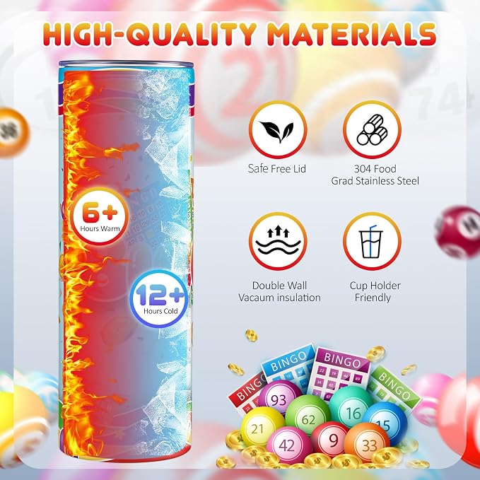 Geiserailie 2 Pack Bingo Tumbler Cups 20 oz Game Gifts Stainless Steel Tumbler with Lids Prizes for Seniors Mom Grandma Dad (Classic)