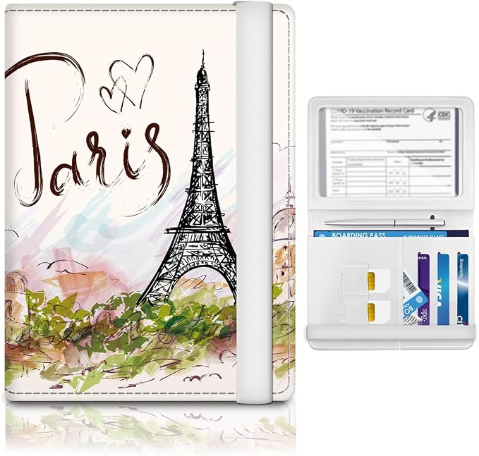 Passport Holder for Travel Essentials, RFID Premium Leather Passport Wallet Cover Case for Travel Must Haves Accessories, Passport Book Holders for Women Men Paris Tower