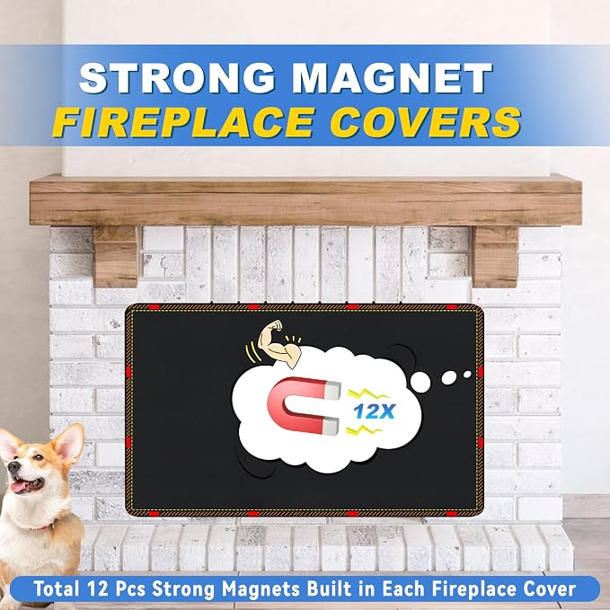 Magnetic Fireplace Cover, Fireplace Draft Stopper with 12 Pieces Strong Magnets, Fireplace Blanket for Heat Loss, Air Blocker for Winter and Summer, 36"x24", Black