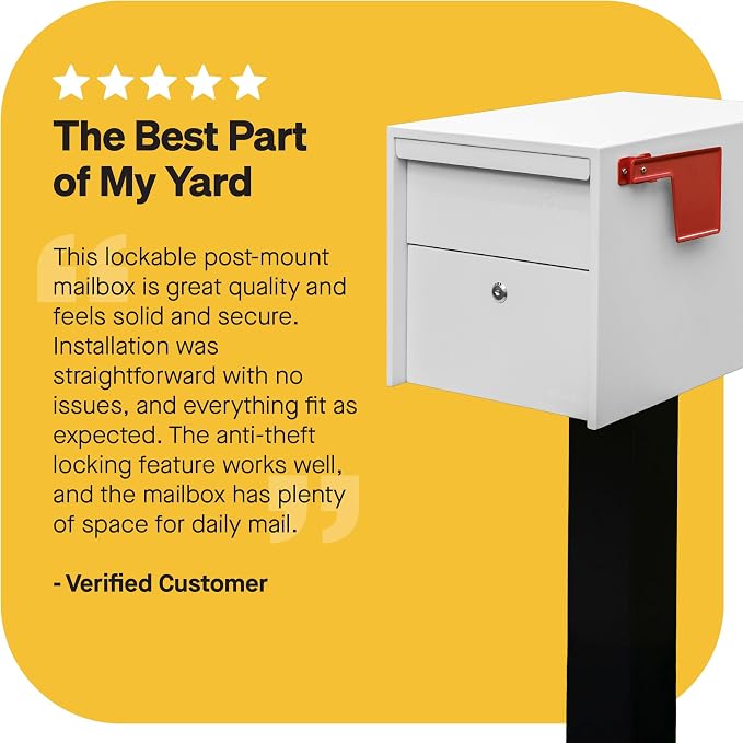 Adoorn Lockable Post Mount Mailboxes for Outside - Small Anti-Theft Locking Mailbox for Packages and Letters - Weatherproof Construction - Durable Steel - 12" H x 12" W x 18.5" D - White