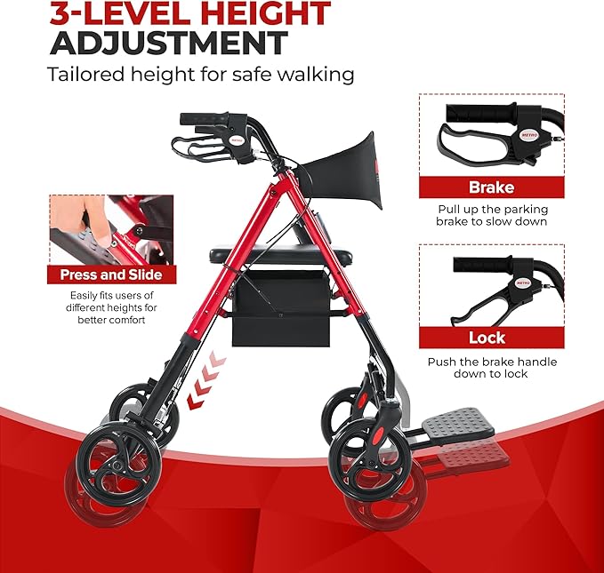 Metro Mobility 2 in 1 Rollator Walker & Transport Wheelchair, Foldable Lightweight Rollator Walker with Seat, 8" Big Wheels for All Terrain, 300 lb. Weight Capacity, Red