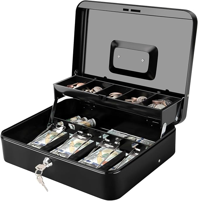 Jssmst Cash Box with Key Lock - 0.9mm Thick Metal Money Box for Garage Sales, Yard Sales and Petty Cash, Portable Cash Drawer with Coin Tray & Spill-Proof Foam Coin Cover, 4 No-Pinch Bill Clips,11.8''
