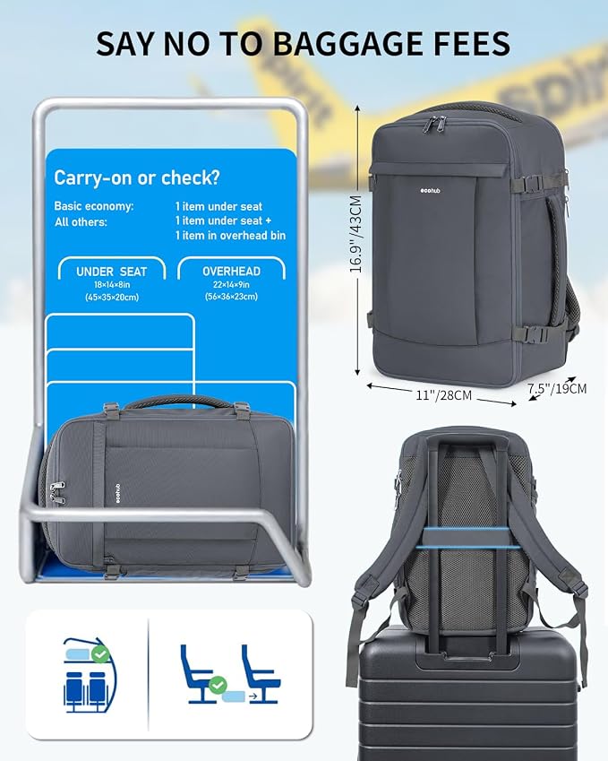 ECOHUB 17'' Small Travel Backpack, United Airlines Personal Item Bag 16.9"x10"x7.5" Carry on Backpack with USB Port Luggage Sleeve Travel Essentials for Men Women Water Resistant, Grey